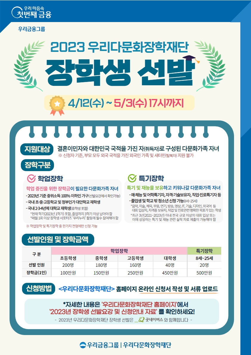 다문화가정학생 대상 우리다문화장학재단 장학생 사업 홍보